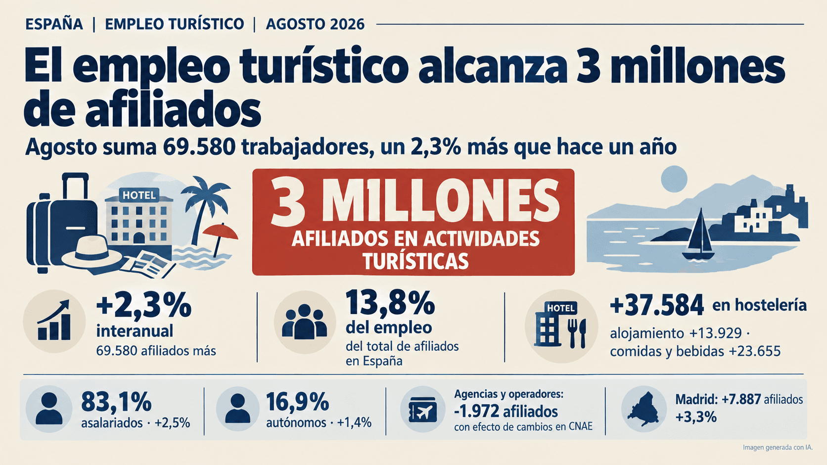 El empleo turístico se sitúa en 3 millones de afiliados en agosto, un 2,3% más que hace un año
